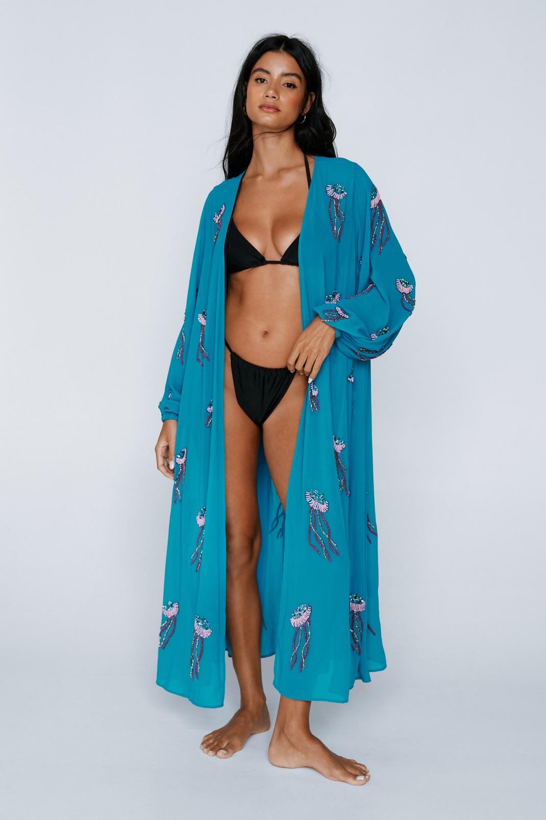 Ocean blue Embellished Jellyfish Cover Up Kimono image number 1