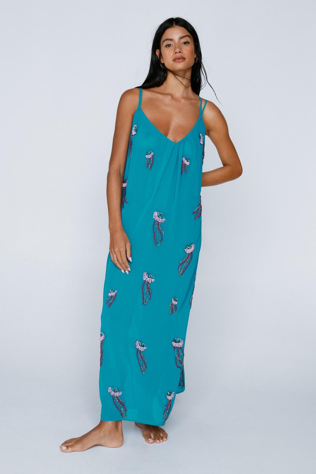 Ocean blue Embellished Jellyfish Maxi Cover Up Dress image number 1