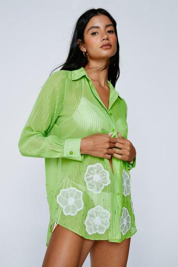 Green Glitter Flower Embellished Cover Up Shirt