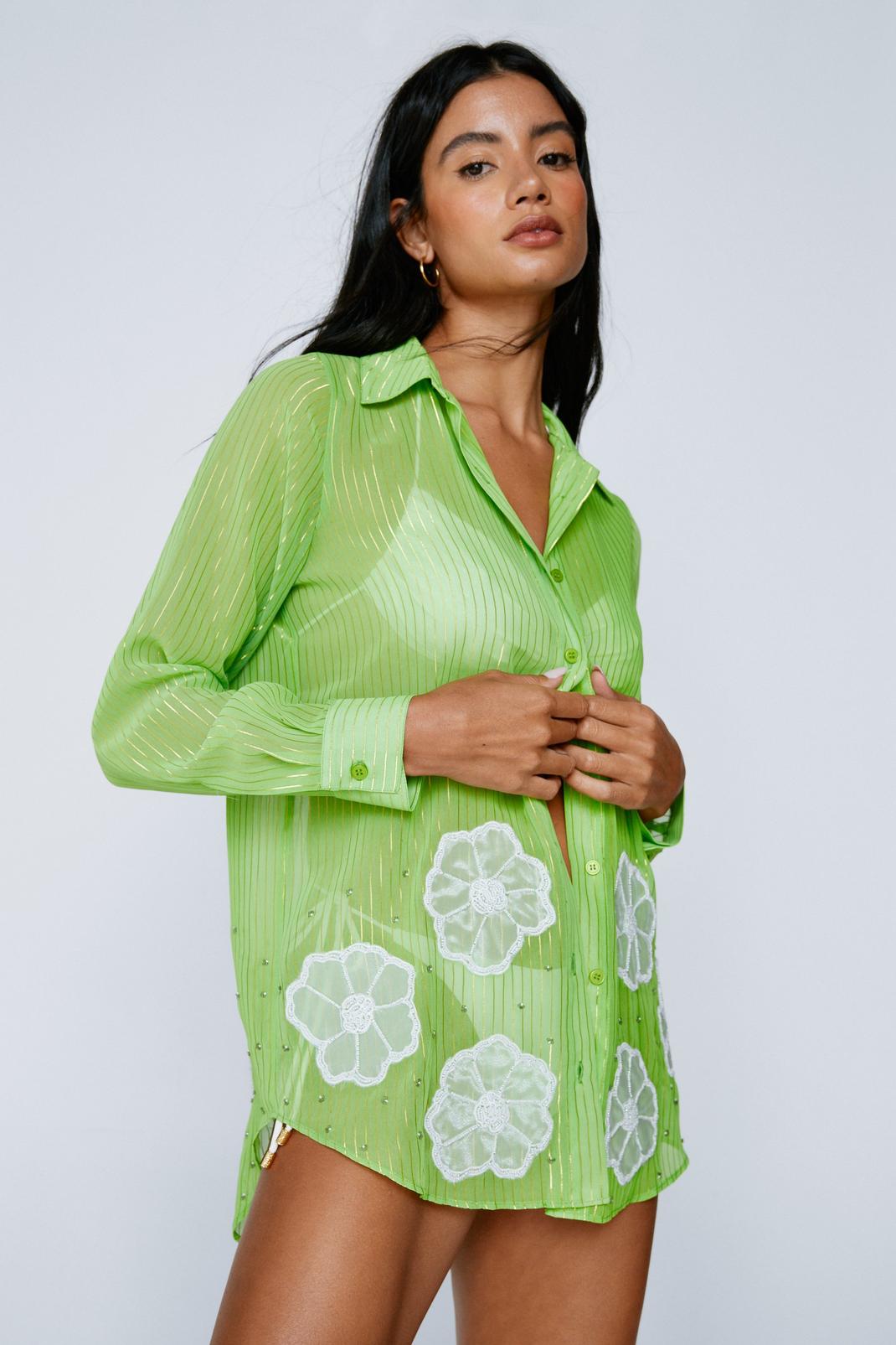 Bright green Glitter Flower Embellished Cover Up Shirt image number 1