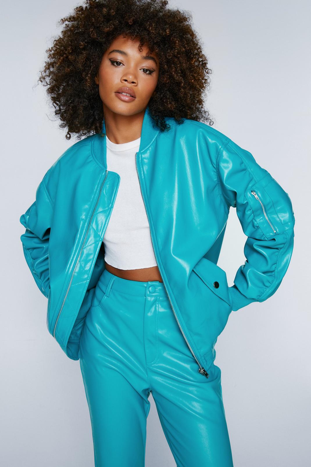 Turquoise Faux Leather Ruched Sleeve Bomber Jacket image number 1