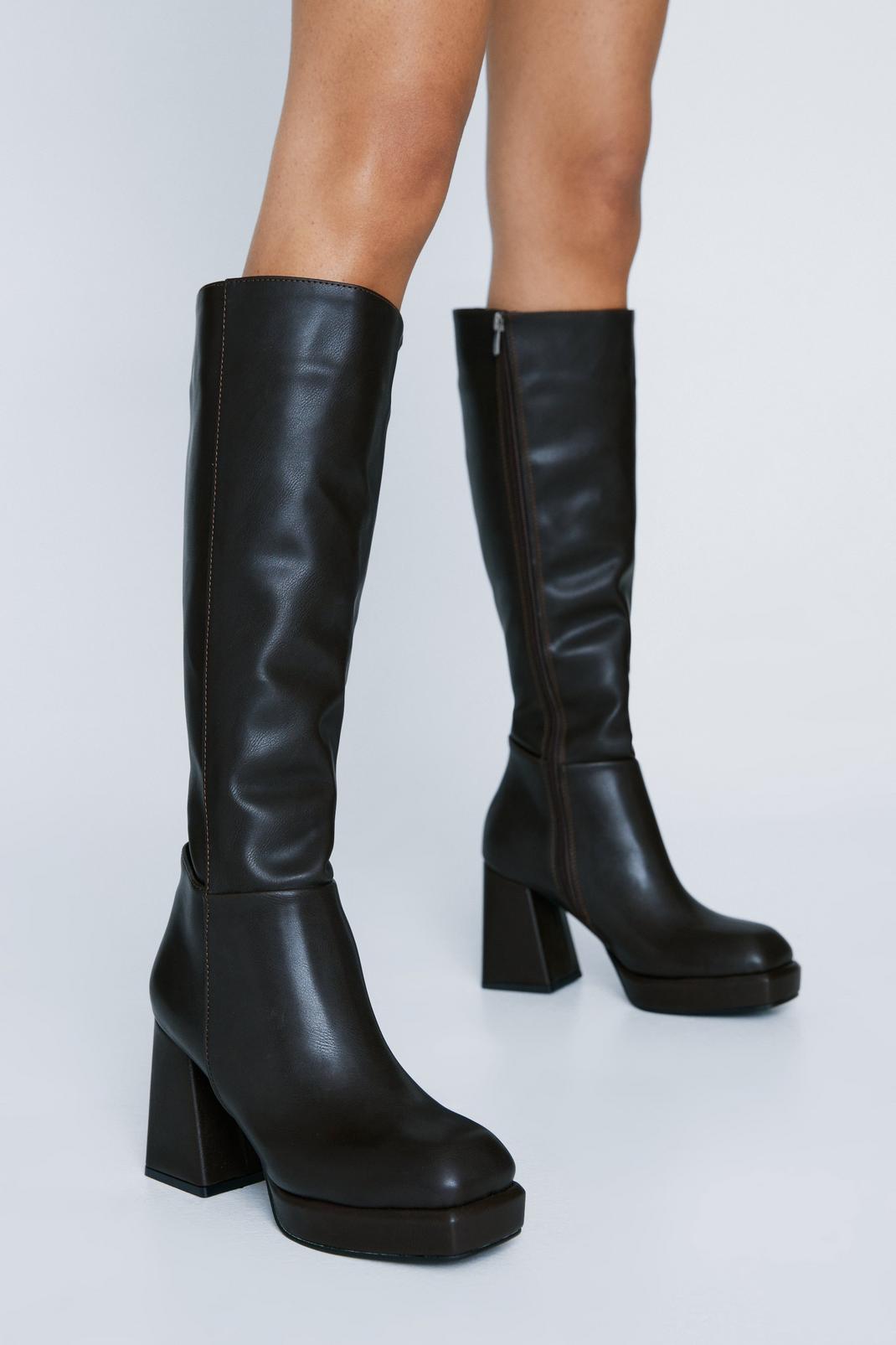 Brown Faux Leather Platform Knee High Boots image number 1