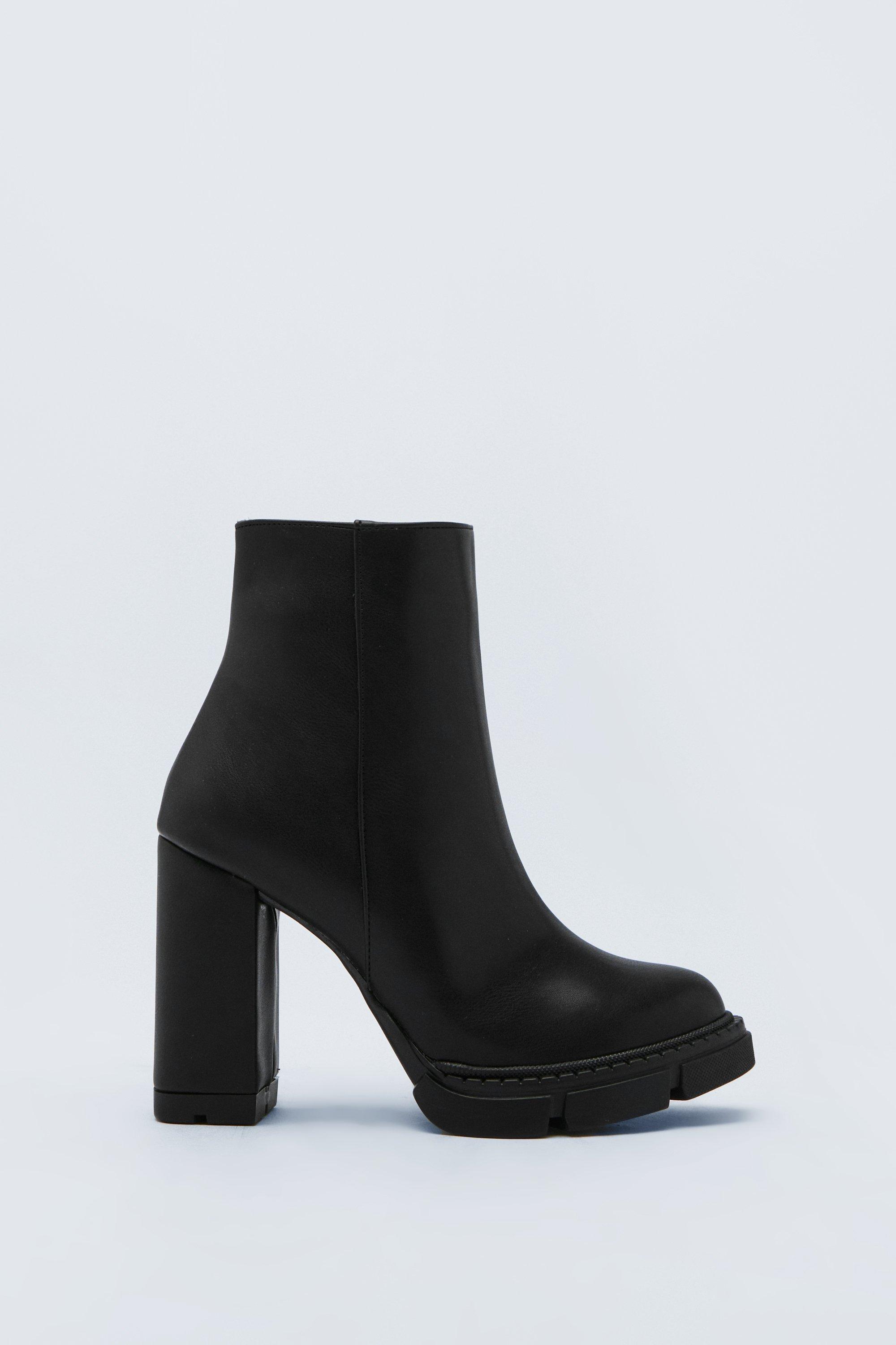 Faux Leather Chunky Heeled Ankle Boots