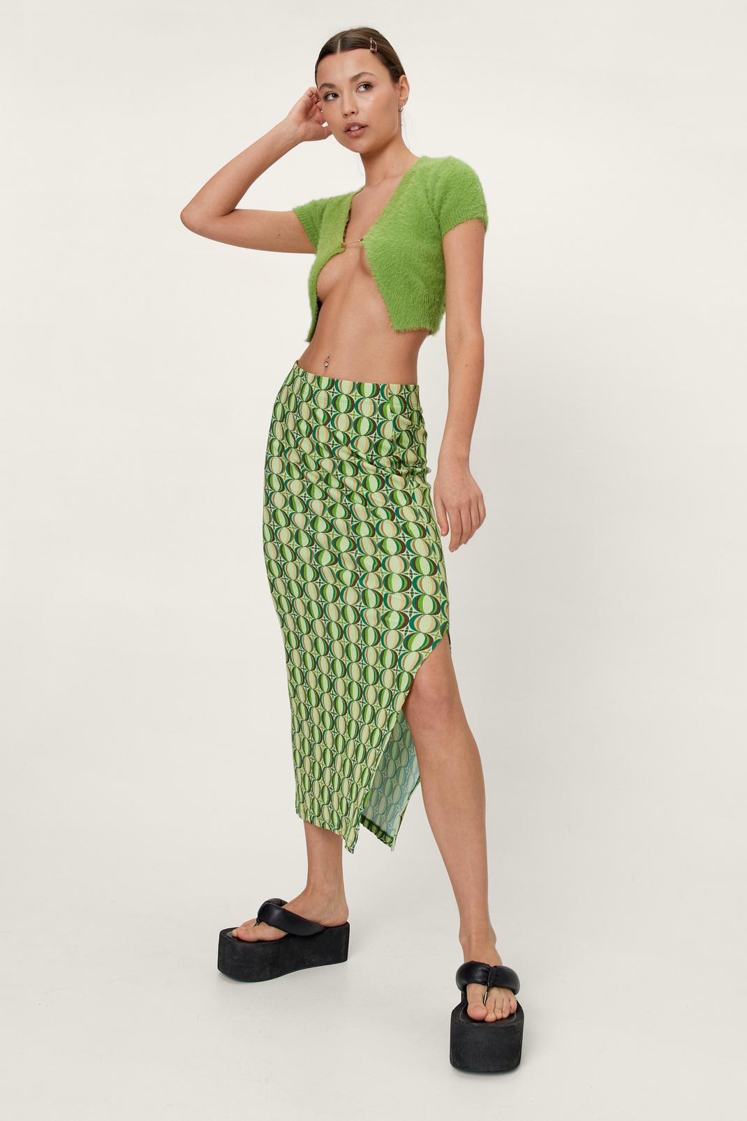 Green Geometric Print Midi Skirt With Split image number 1