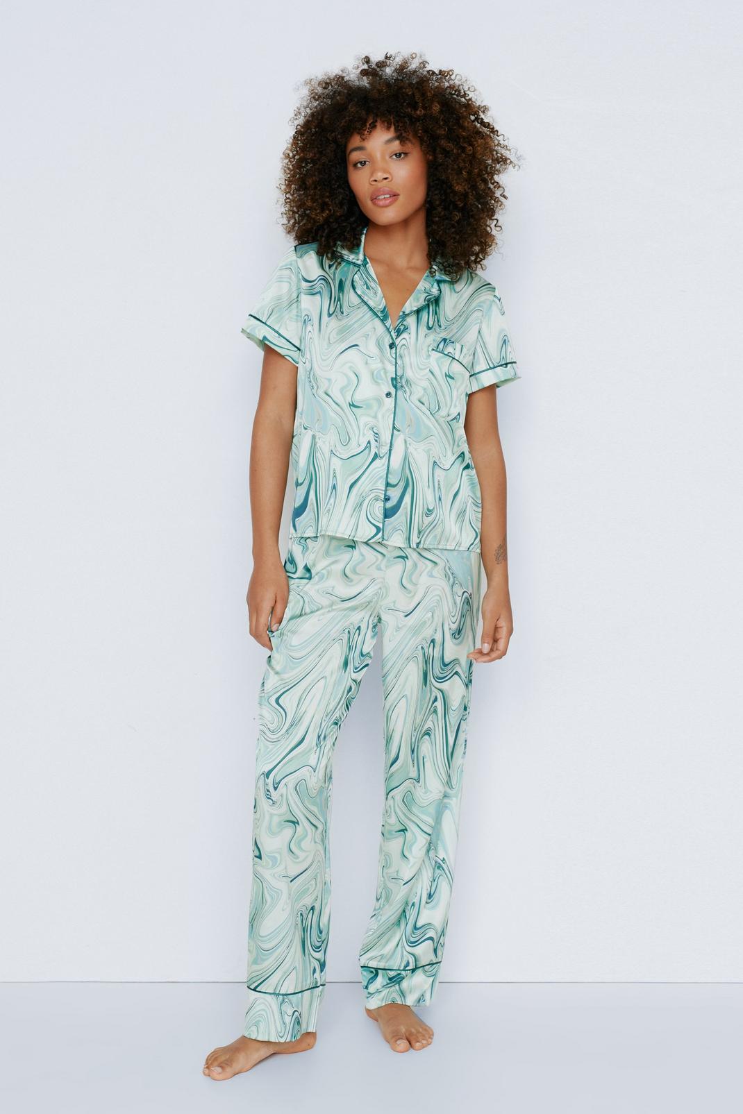 Green Satin Marble Print Pajama Shirt & Pants Set image number 1