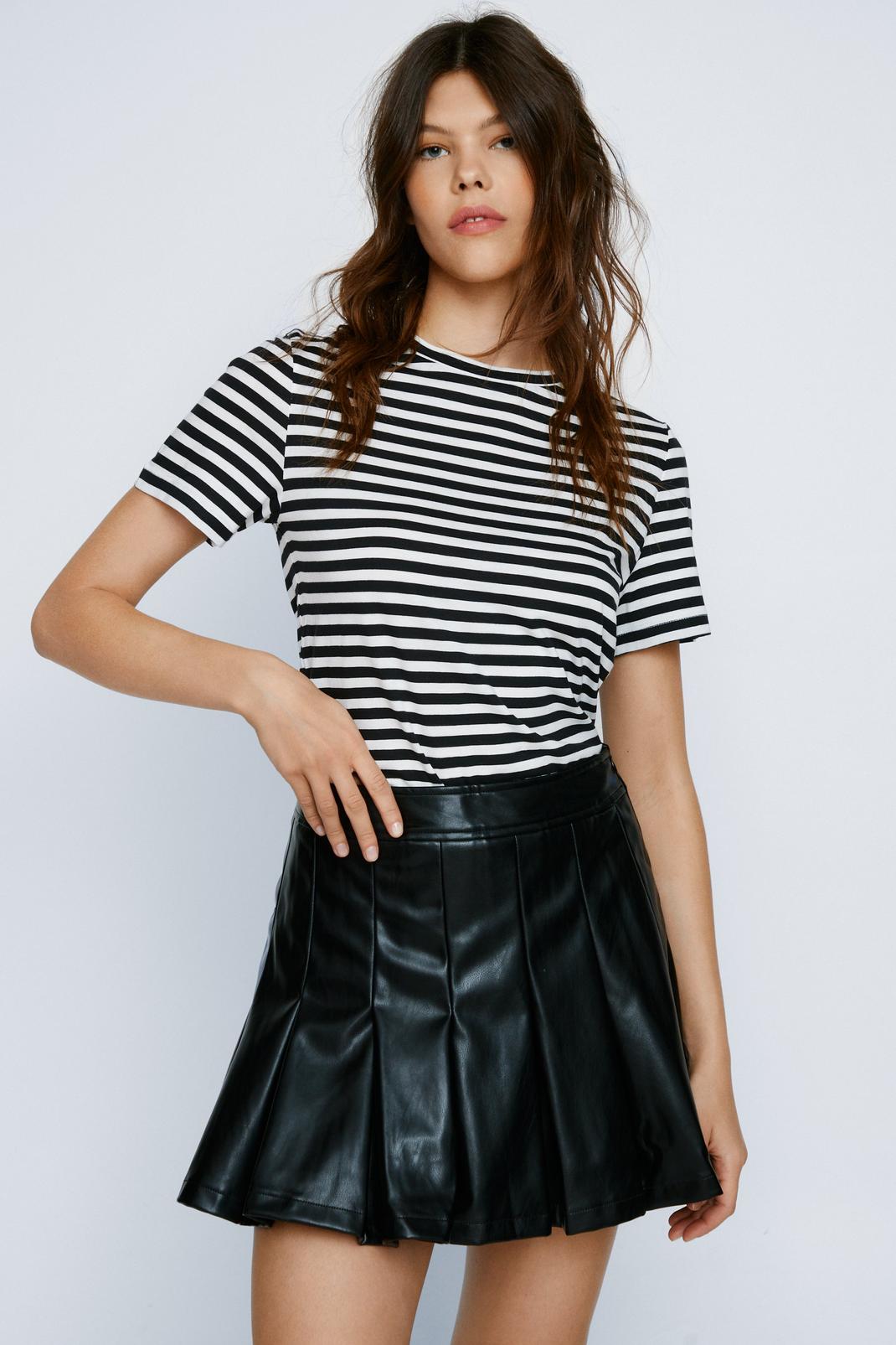 Black Faux Leather Pleated Mini Tennis Skirt image number 1