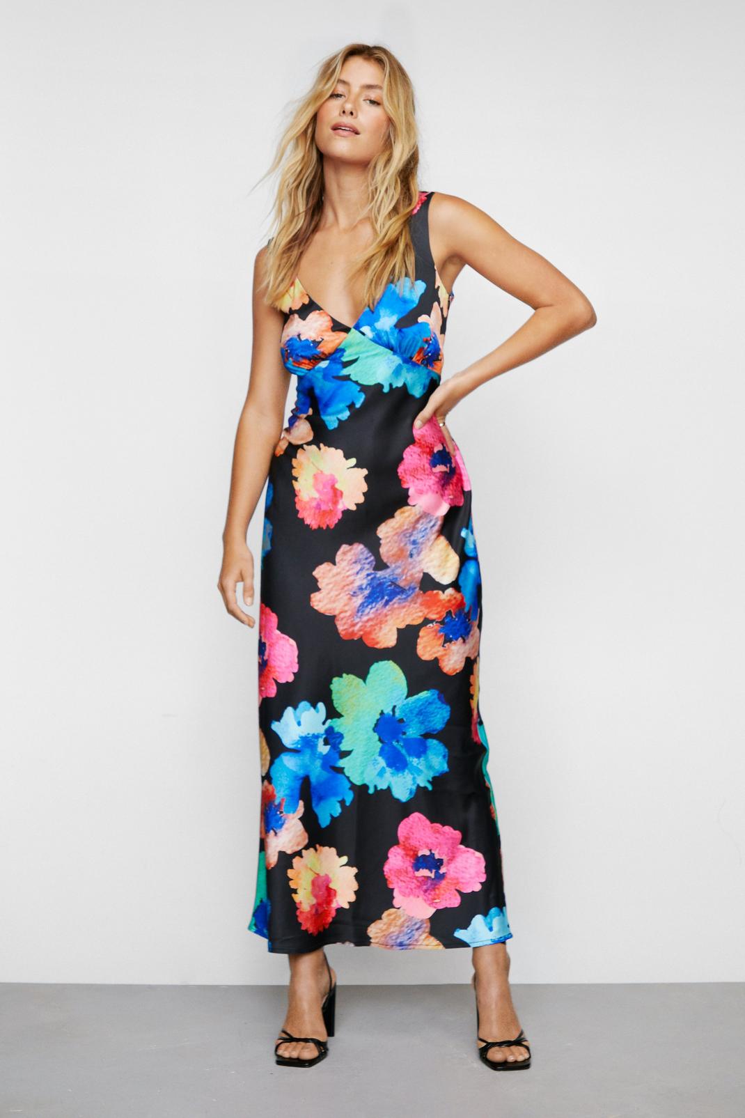 Black Satin Floral Print Maxi Slip Dress image number 1