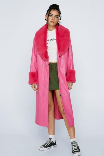 Faux Fur Trim Longline Faux Leather Coat bright pink