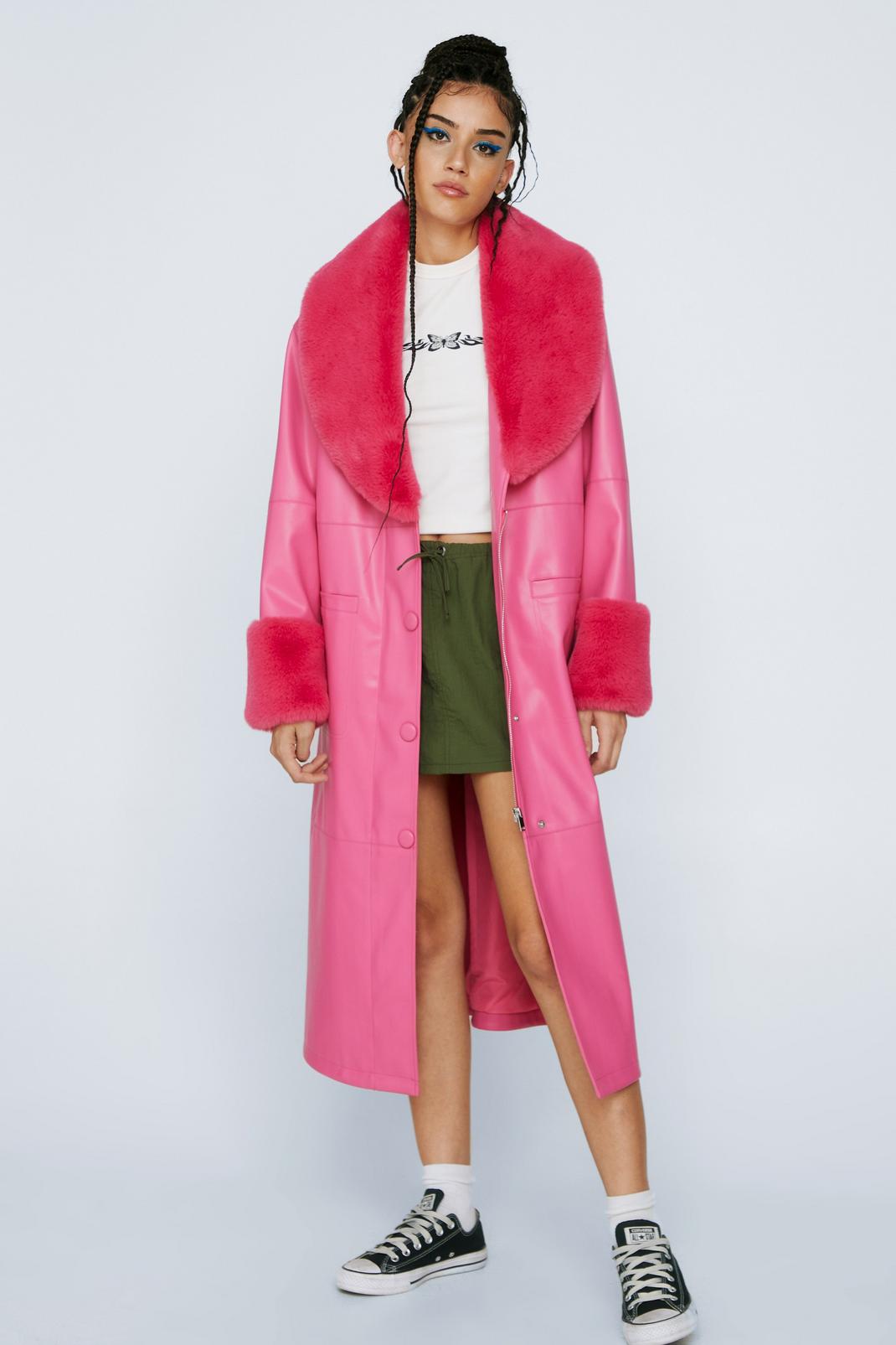 Bright pink Faux Fur Trim Longline Faux Leather Coat image number 1