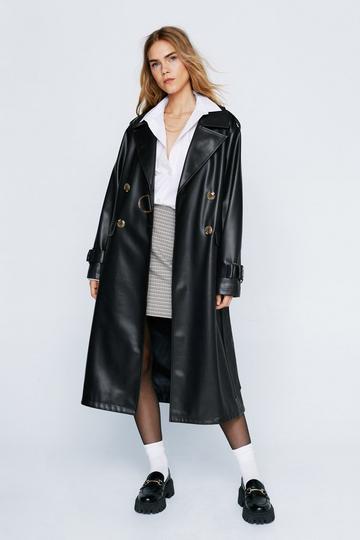 Black Premium Faux Leather Trench Coat