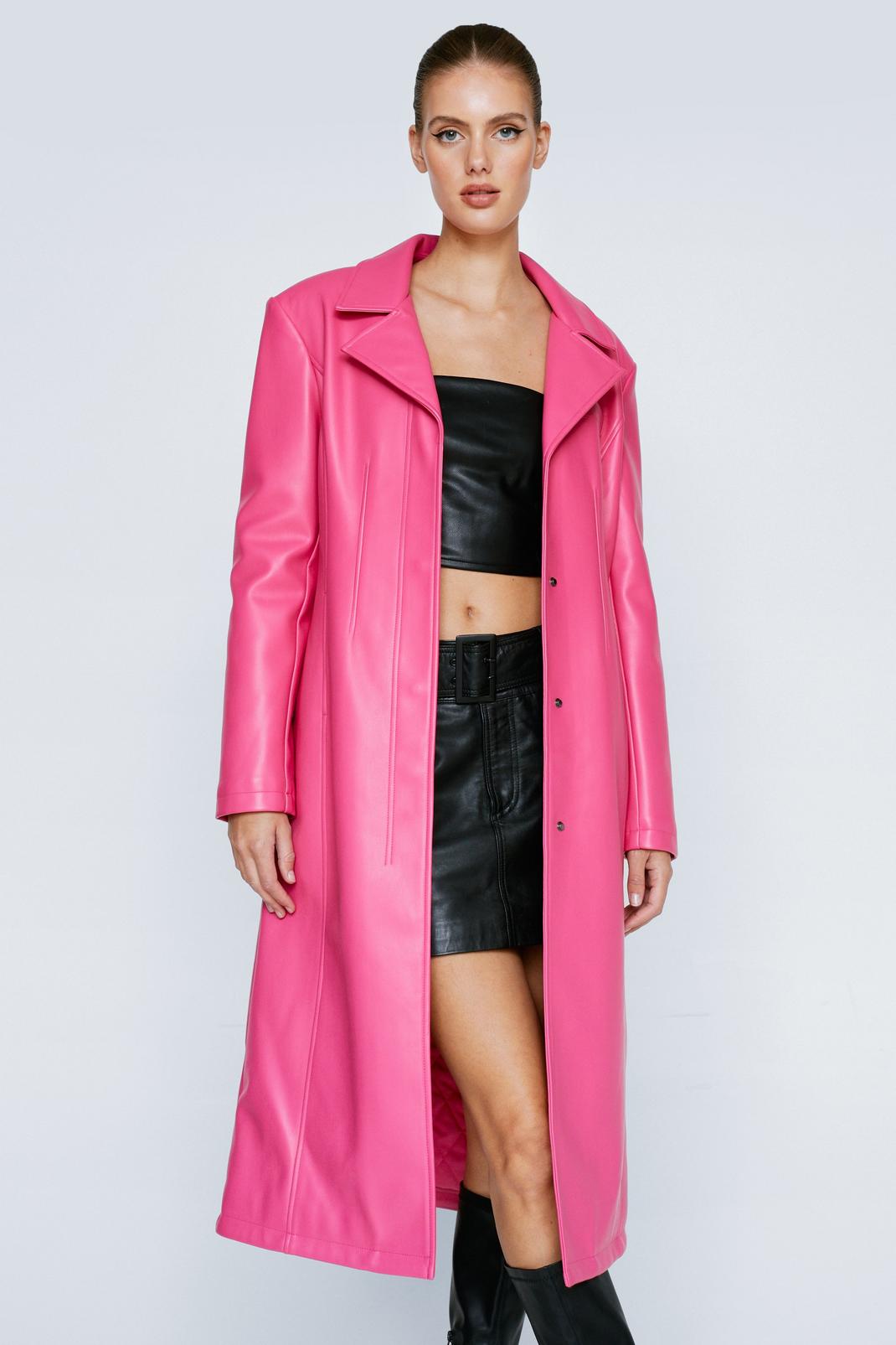 Bright pink Premium Faux Leather Longline Coat image number 1