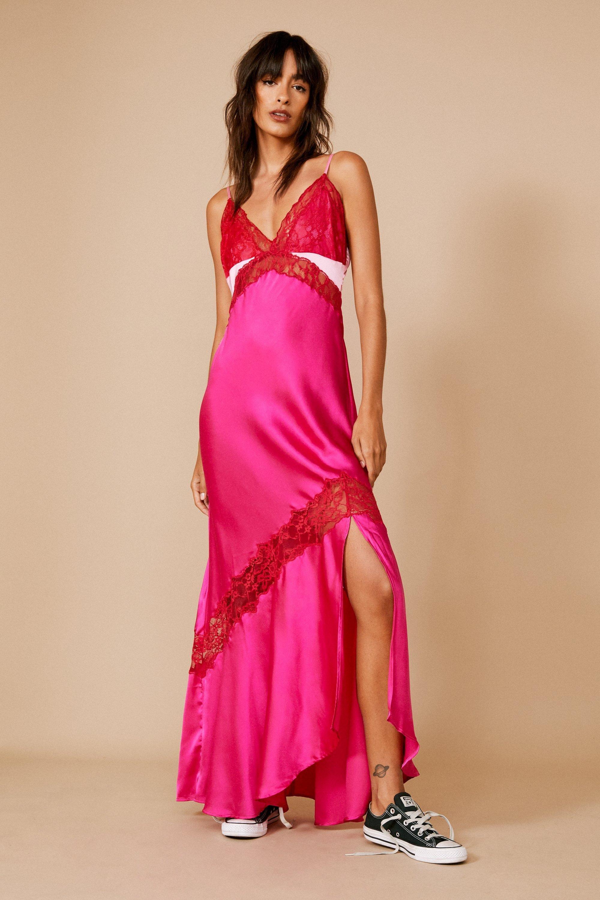 Contrast Lace Trim Satin Maxi Slip Dress