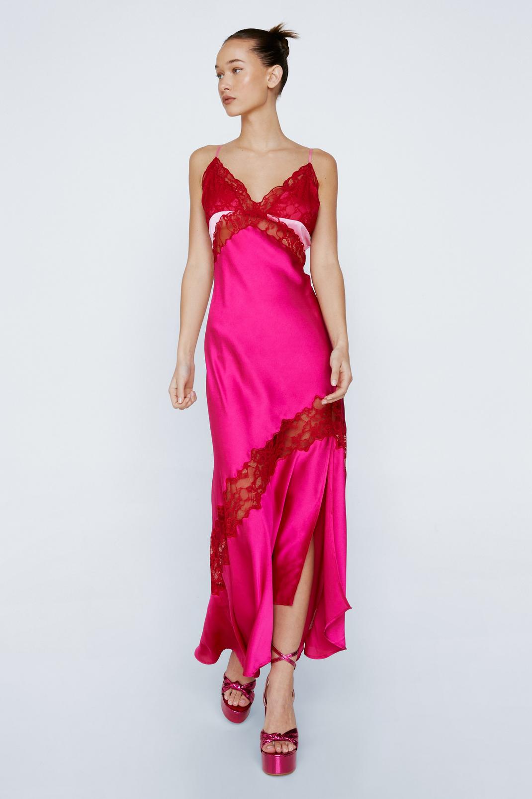 Pink Petite Contrast Lace Satin Maxi Slip Dress image number 1