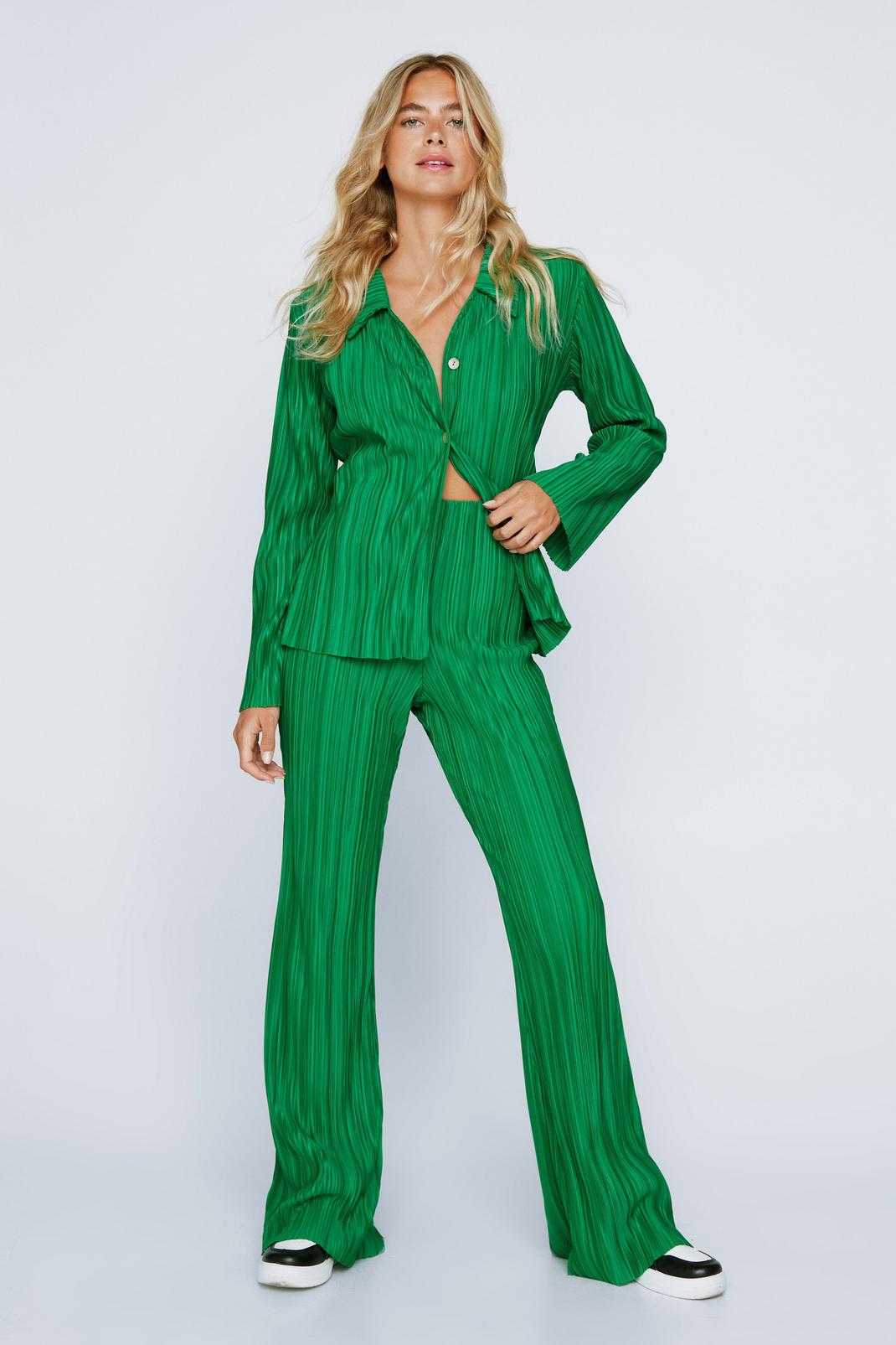 Green Plisse High Waisted Straight Leg Trousers image number 1