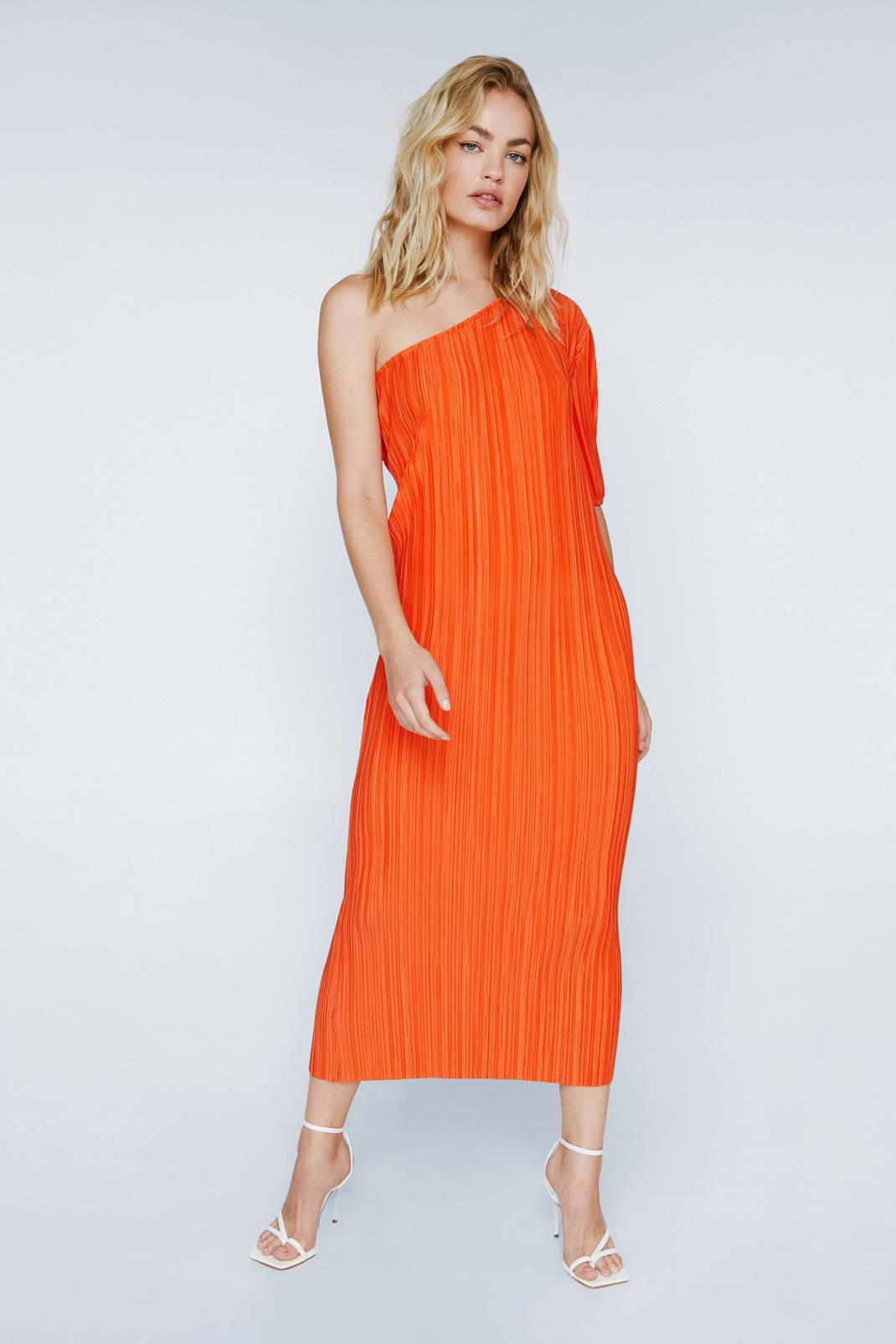 Orange One Shoulder Plisse Midi Dress image number 1