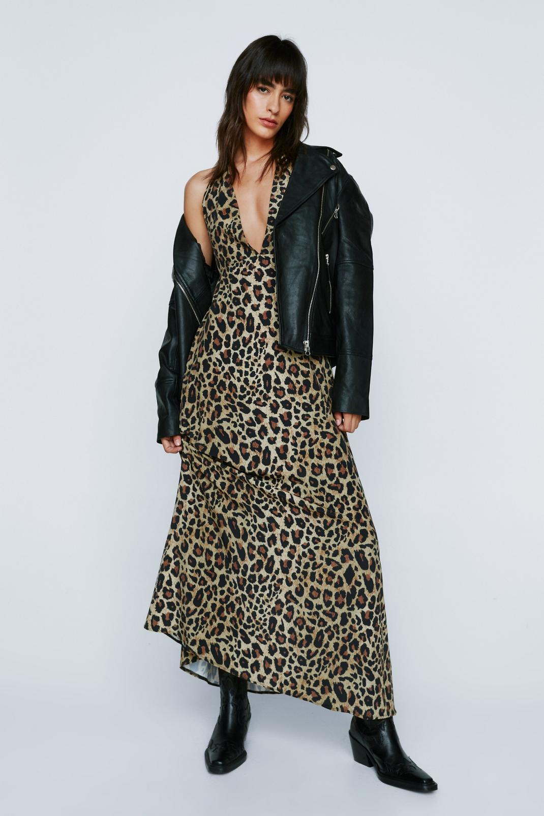 Brown Leopard Print Halter Neck Maxi Dress image number 1