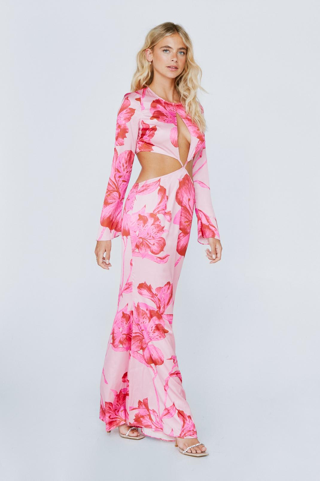 Pink Satin Floral Print Cut Out Maxi Dress image number 1