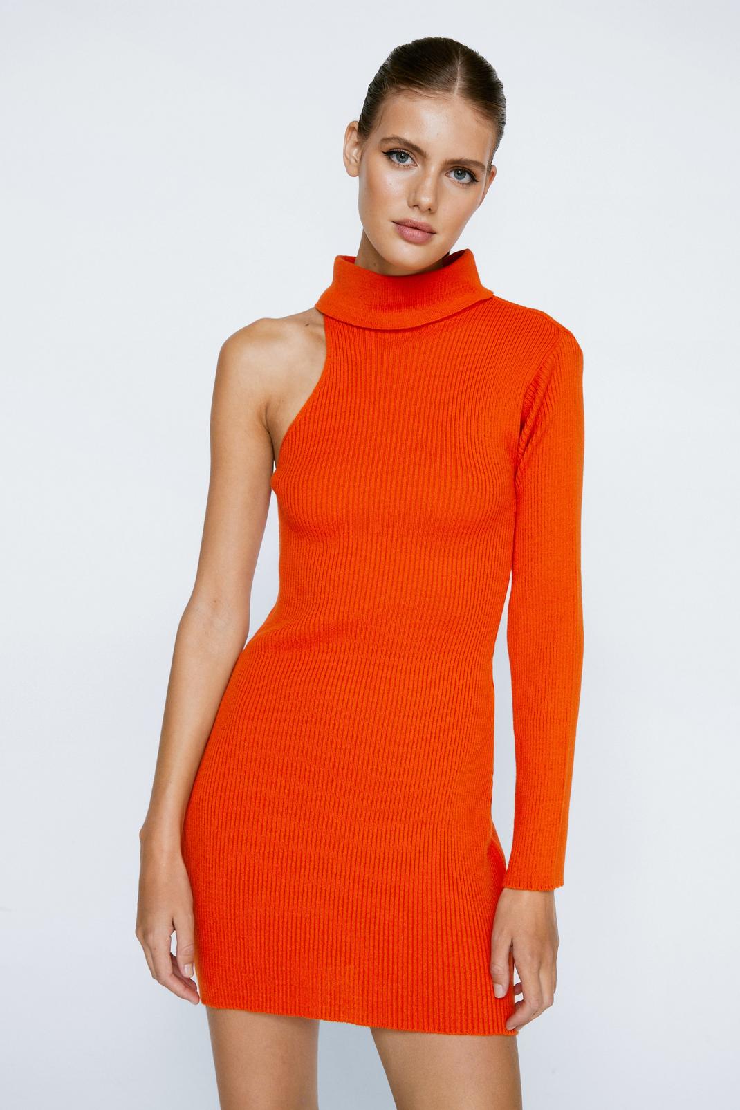 Orange Knitted High Neck One Sleeve Mini Dress image number 1