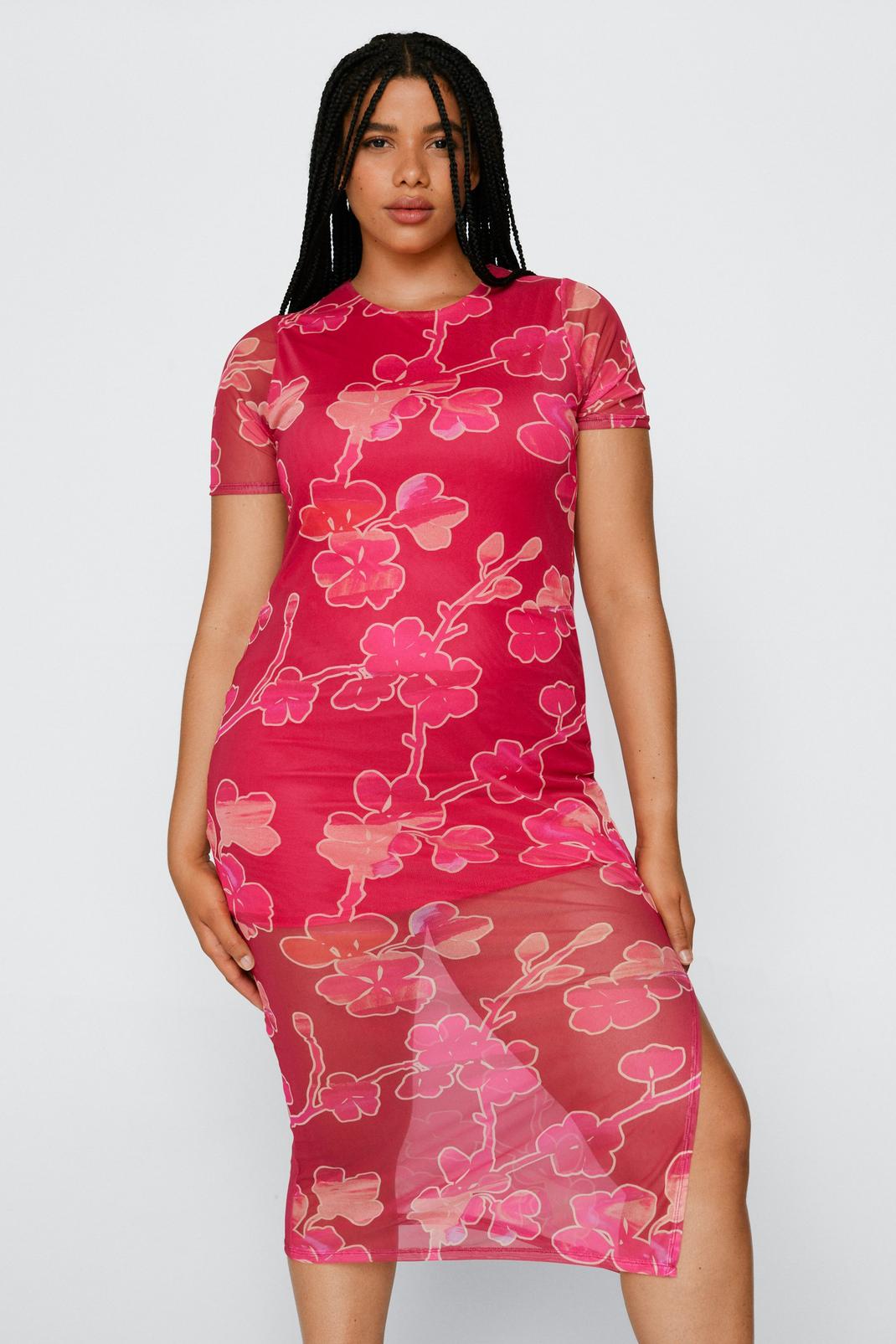 Pink Plus Size Floral Print Mesh Midi Dress image number 1
