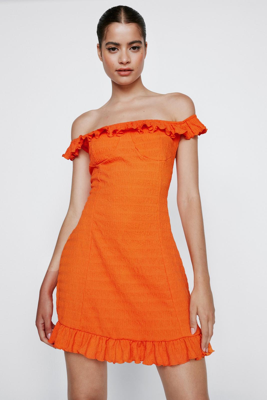 Orange Crinkle Textured Frill Bardot Mini Dress image number 1