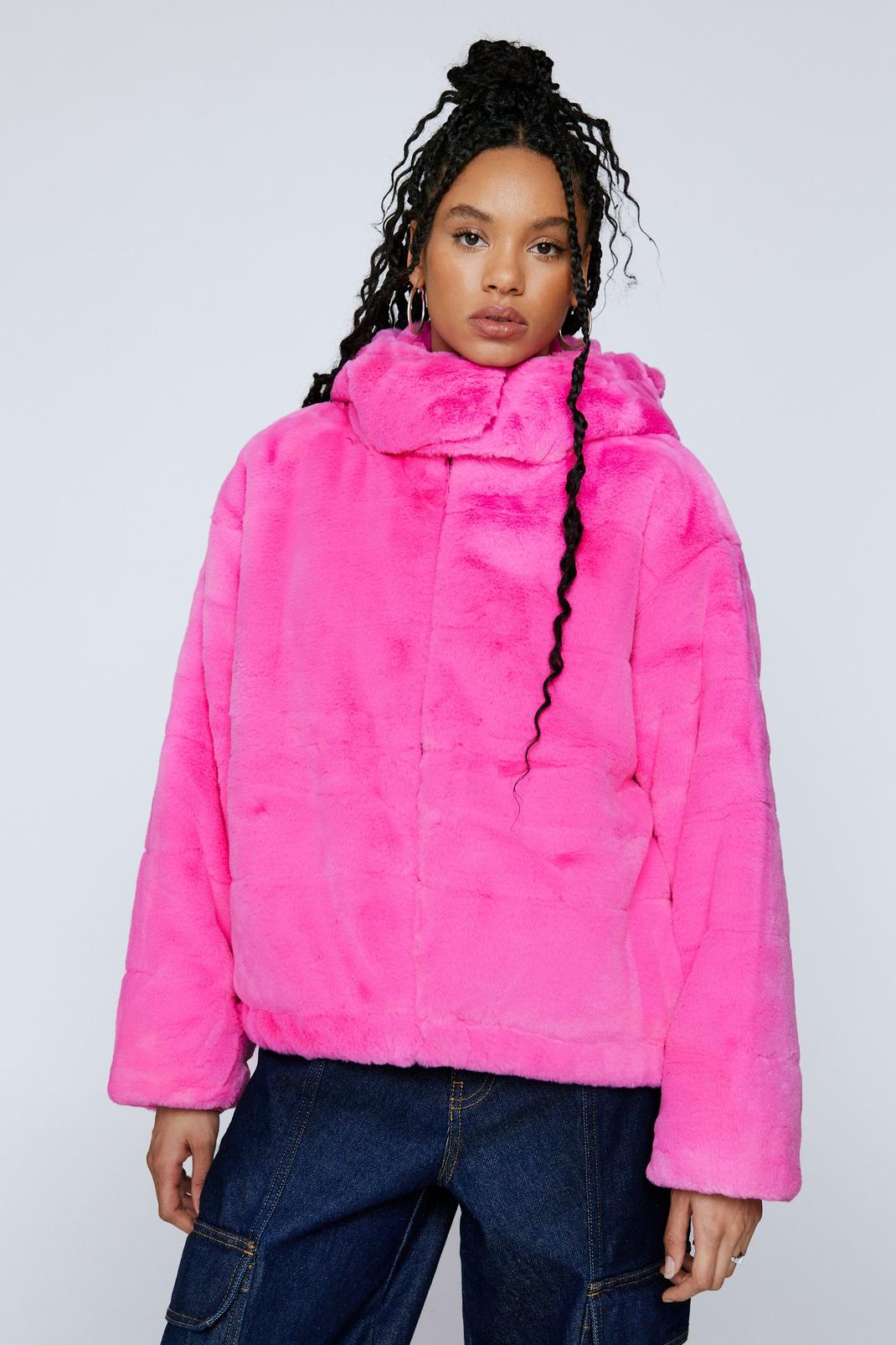 Manteau zippé en fausse fourrure premium à capuche, Hot pink image number 1