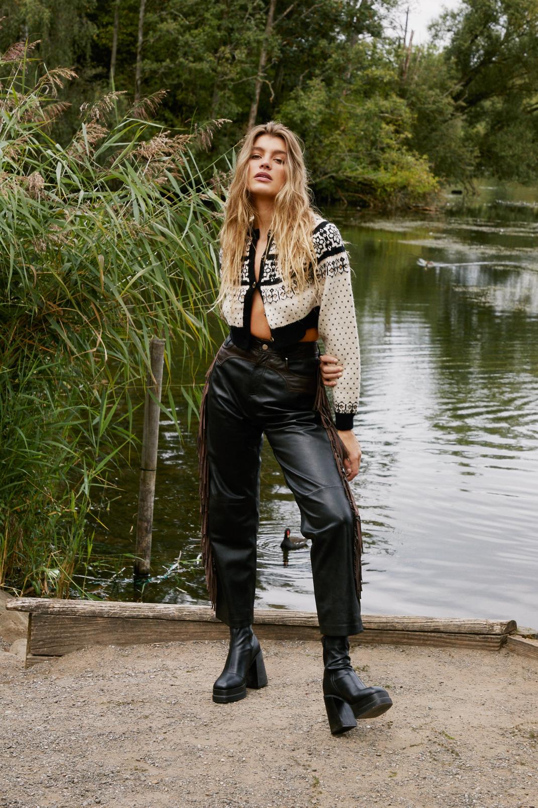 Black Real Leather Fringed Trousers image number 1