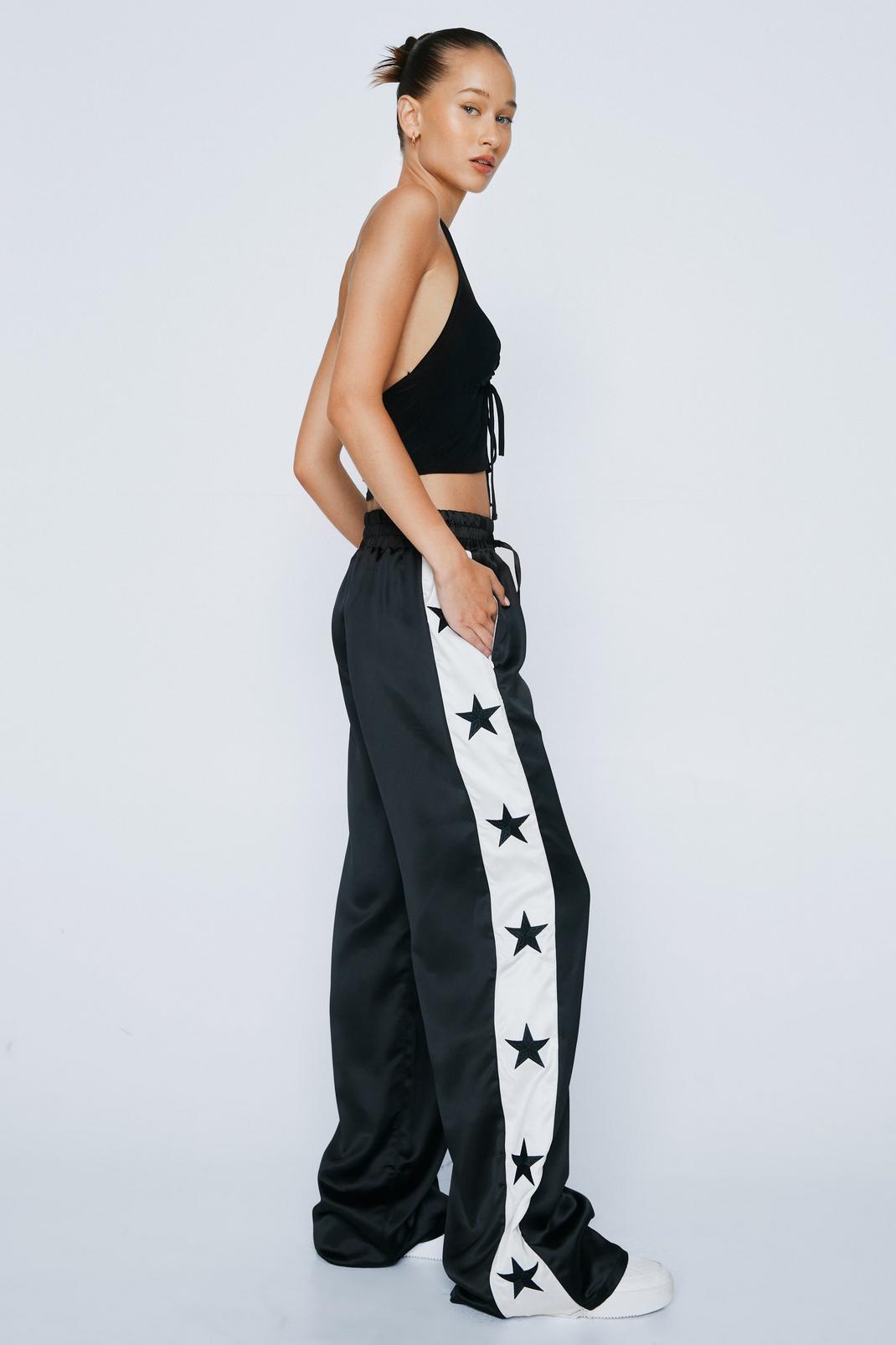 Black Embroidered Star Taping Satin Trousers image number 1