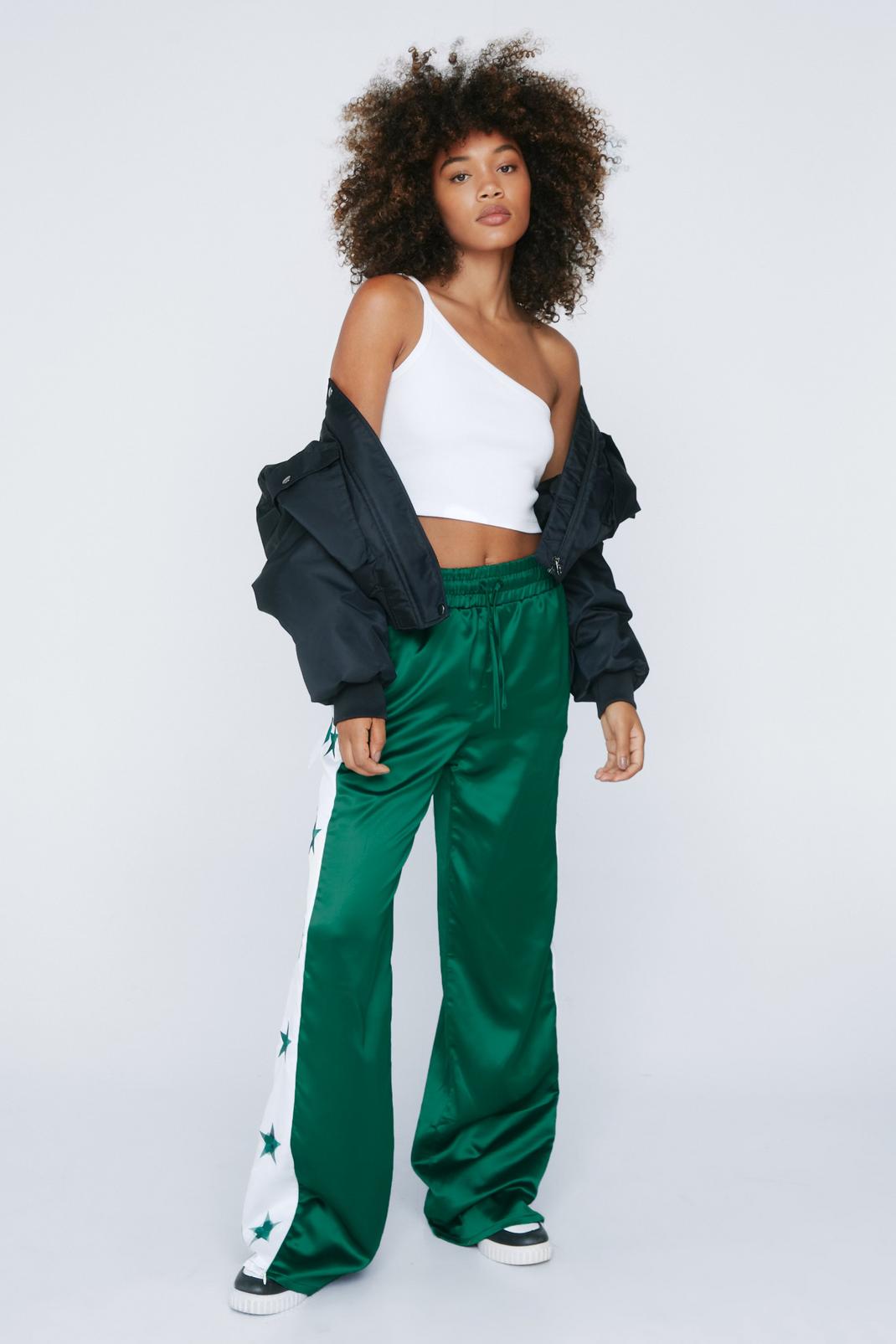 Green Embroidered Star Taping Satin Trousers image number 1