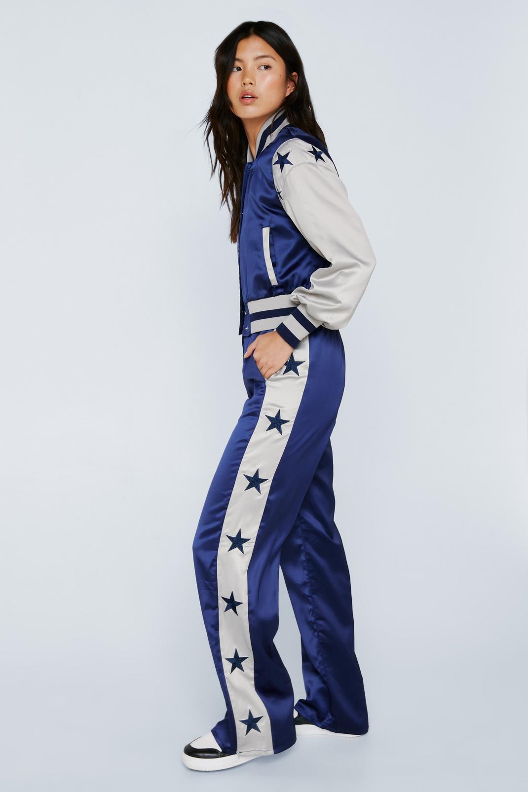 Navy Embroidered Star Taping Satin Trousers image number 1
