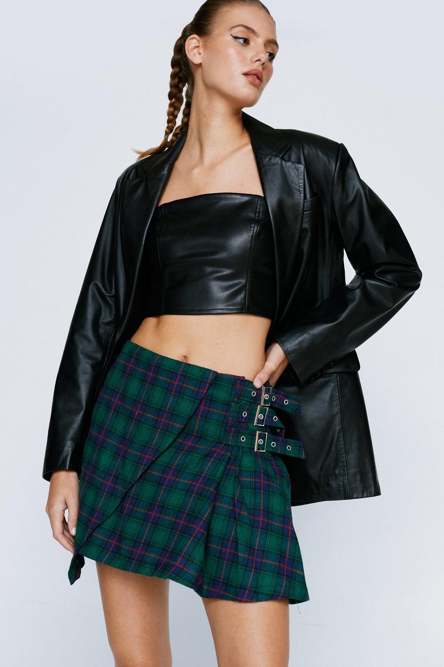 Pleated Check Buckle Detail Mini Skirt