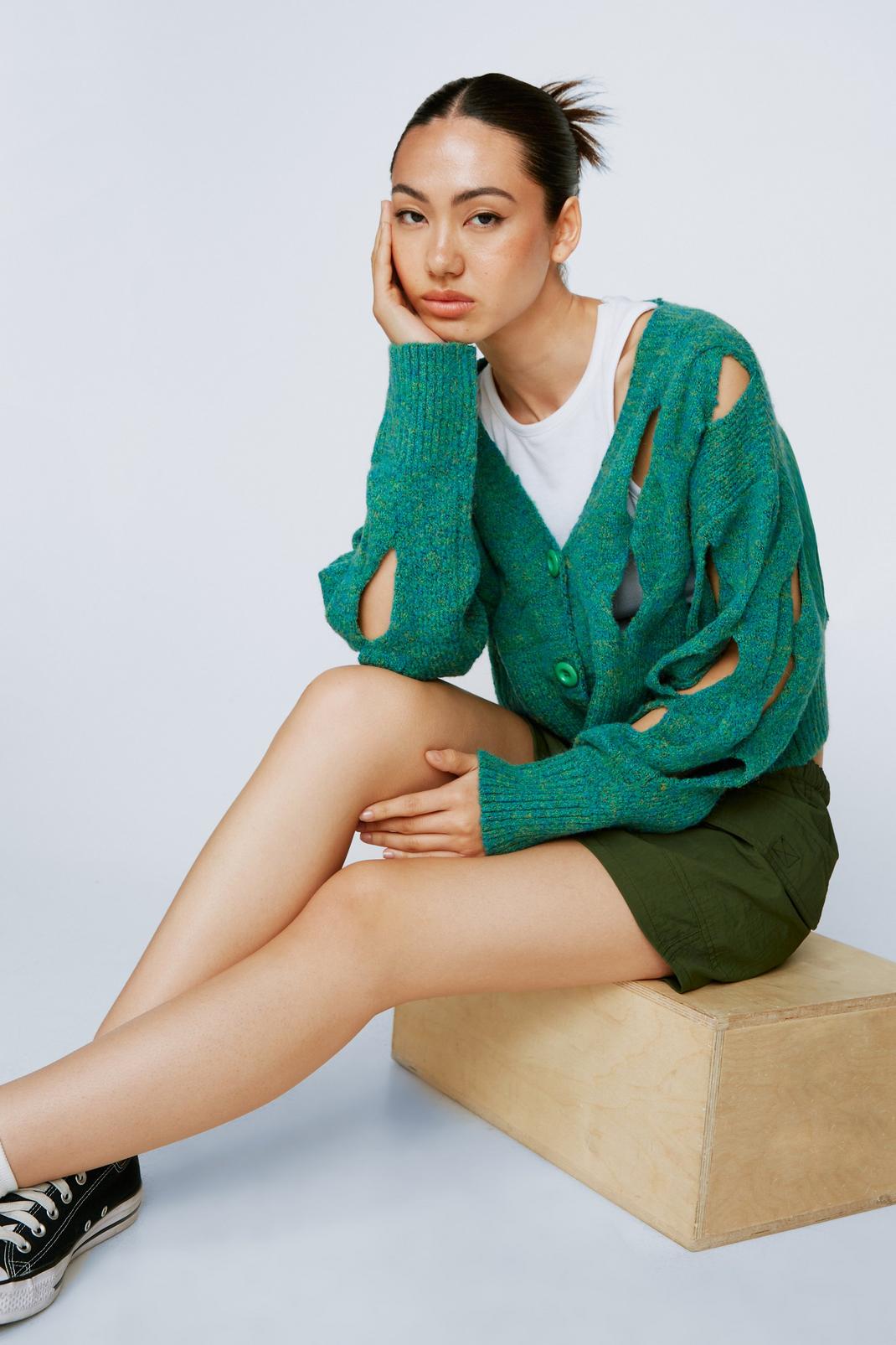 Green Cut Out Cropped Cardigan  image number 1