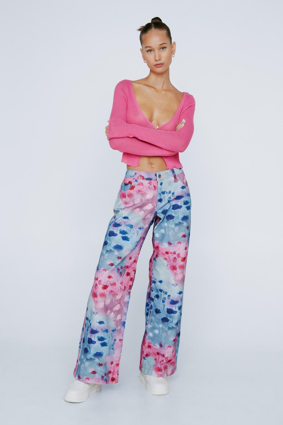 Pink Petite Floral Print Wide Leg Denim Jeans image number 1