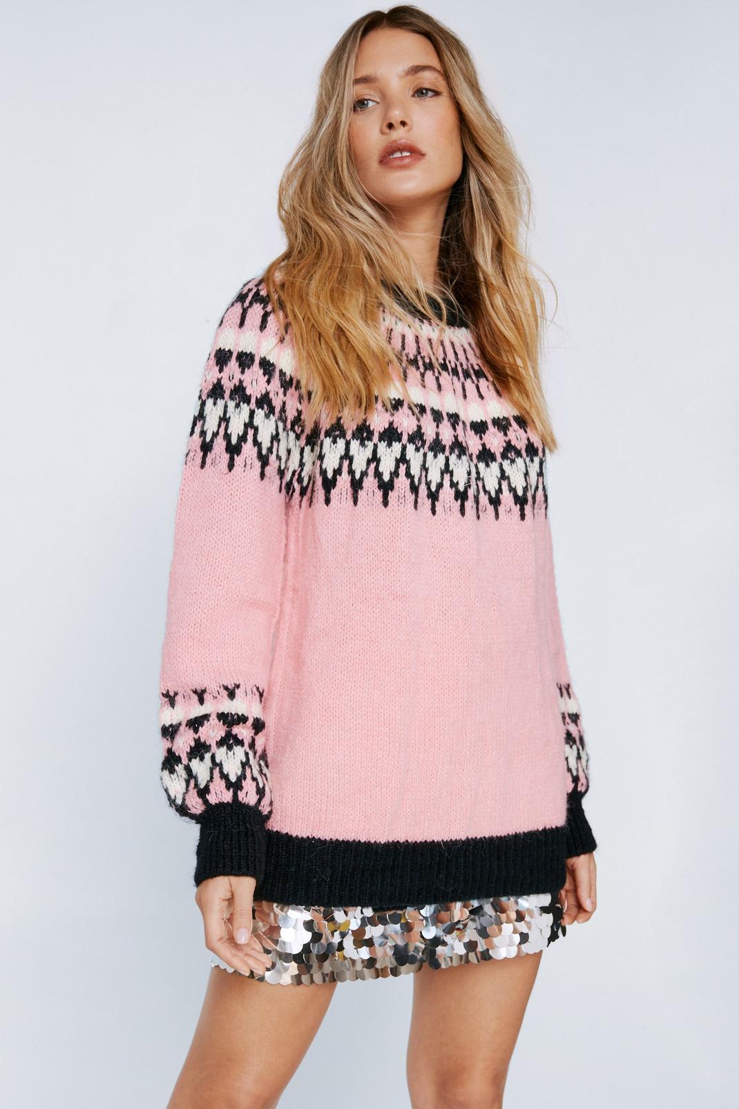 Pink Fairisle Trim Sweater image number 1