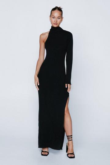 Black Knitted High Neck One Sleeve Maxi Dress