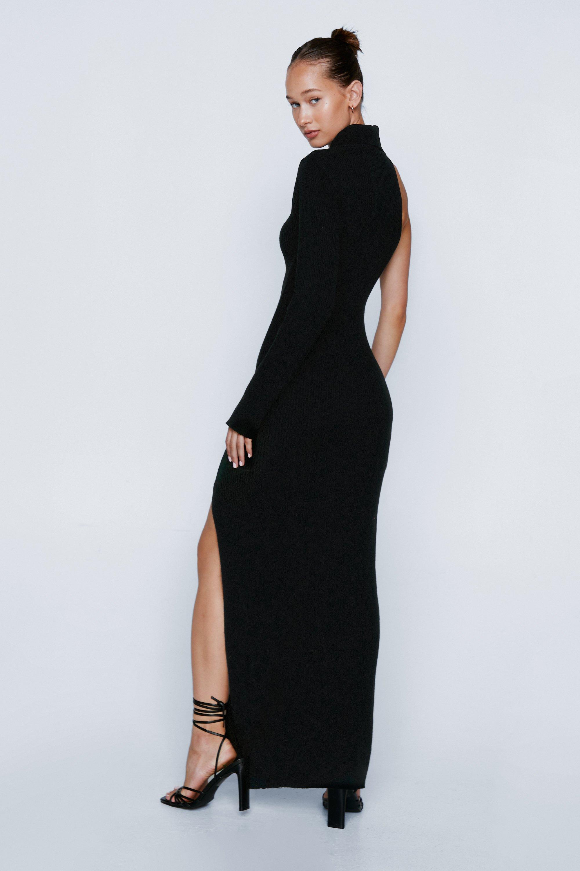Knitted High Neck One Sleeve Maxi Dress