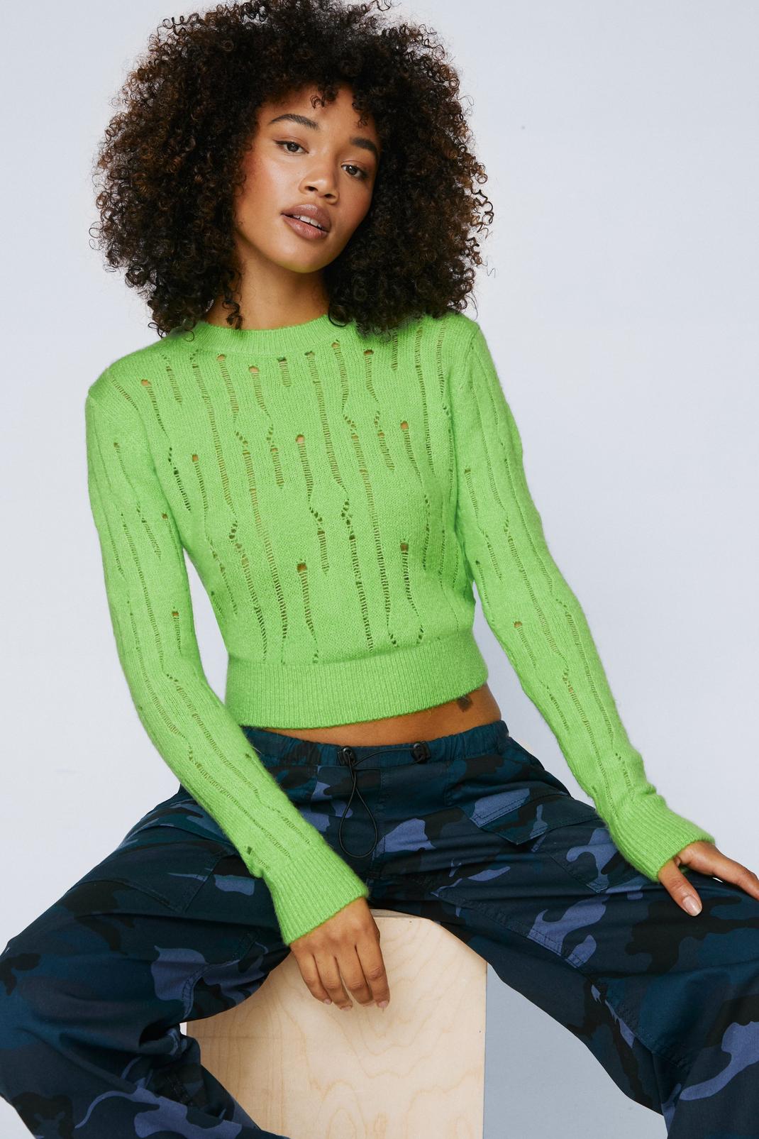 Lime Ladder Crew Neck Long Sleeve Knitted Sweater image number 1