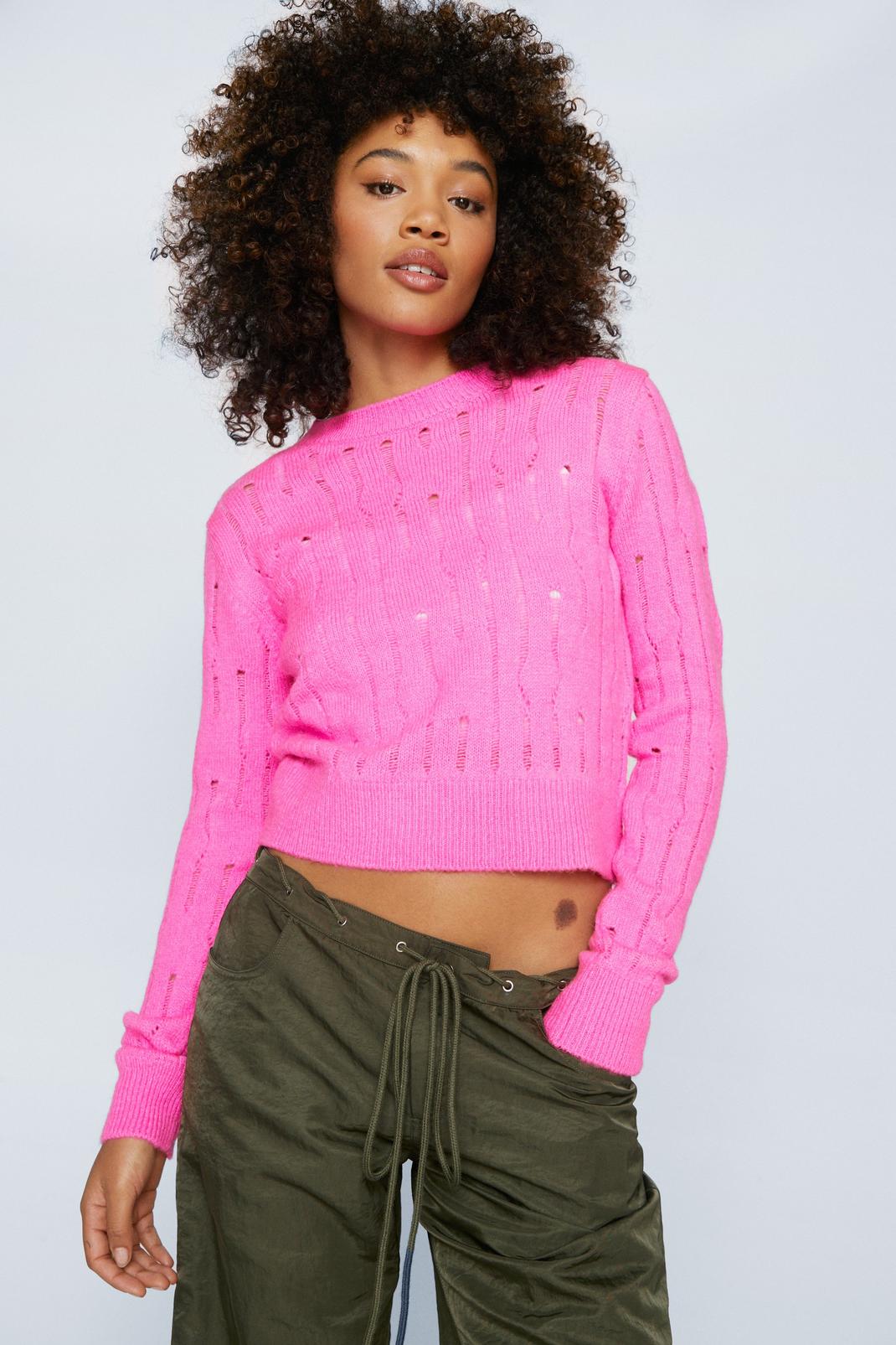 Pink Ladder Crew Neck Long Sleeve Knitted Sweater image number 1
