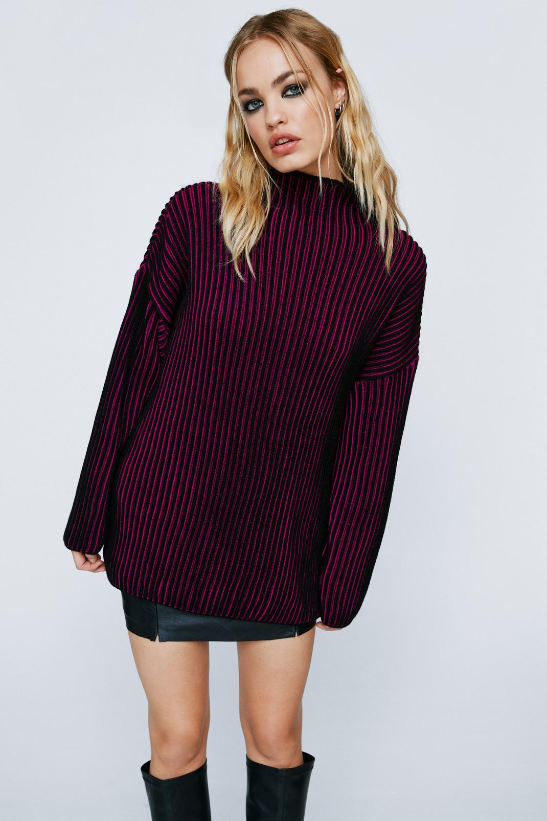 Black Plated Knit Funnel Neck Sweater image number 1