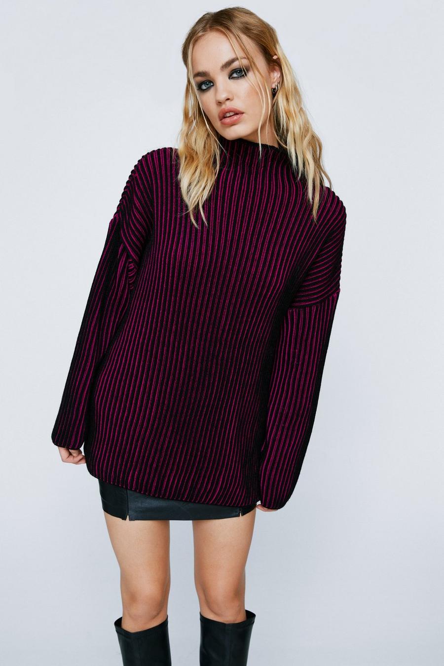 Plated Knit Funnel Neck Sweater