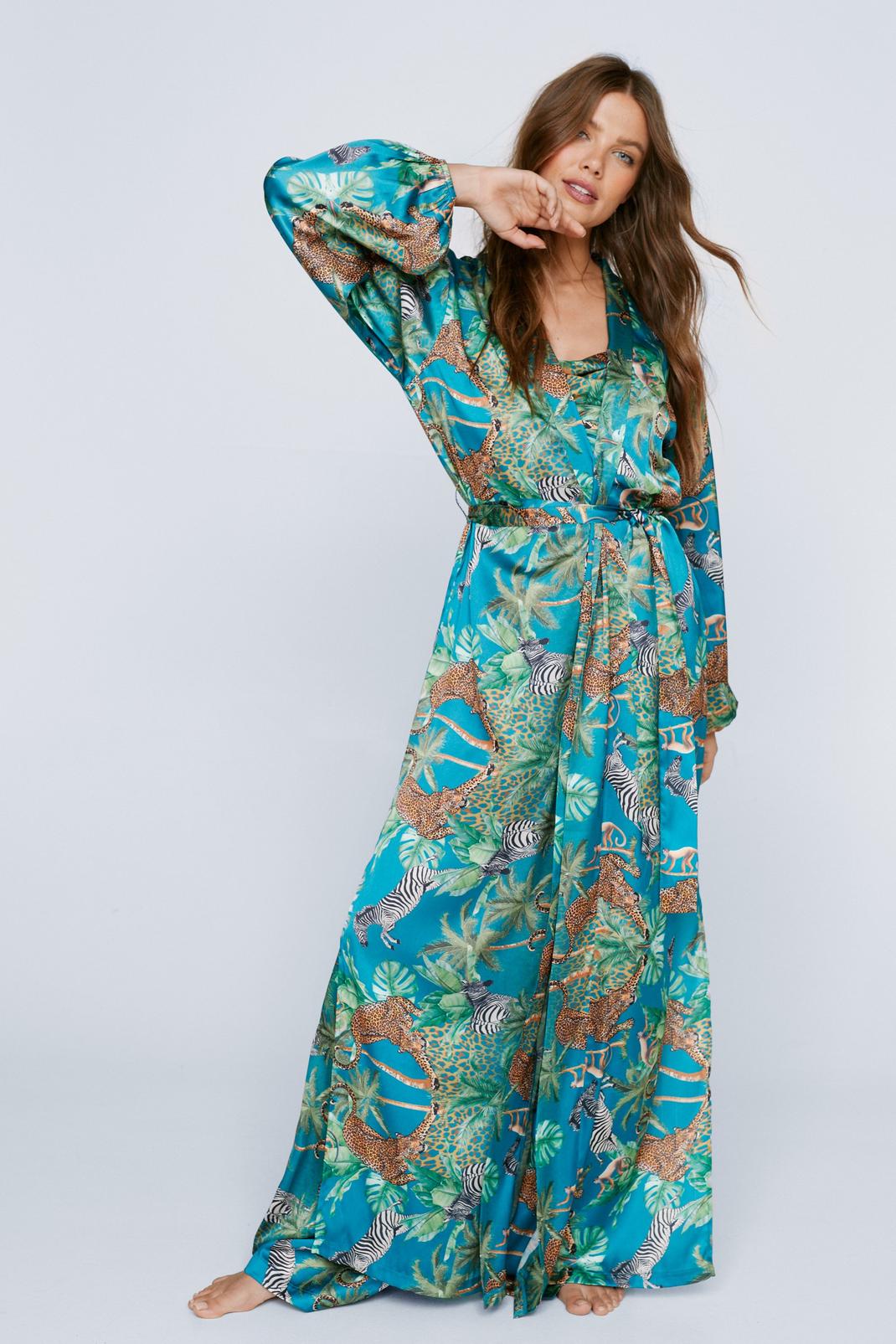 Teal Satin Wildlife 3pc Pyjama & Dressing Gown Set  image number 1