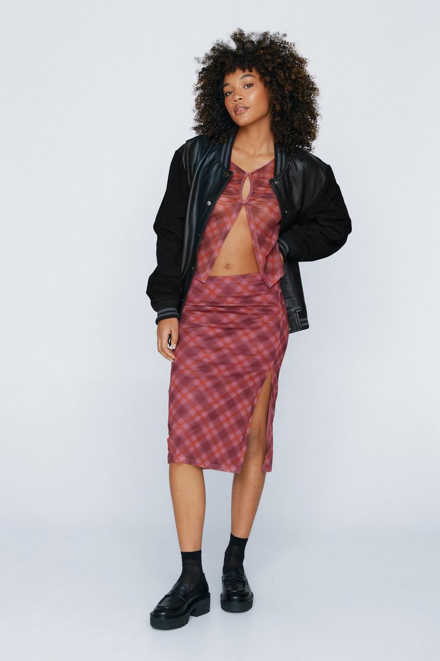 Check Midi Length Mesh Skirt With Side Split