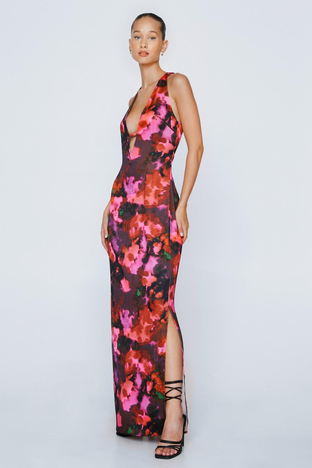 Multi Abstract Tie Dye Print Plunge Maxi Dress image number 1