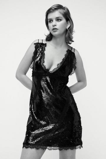 Lace Trim Sequin Mini Dress black