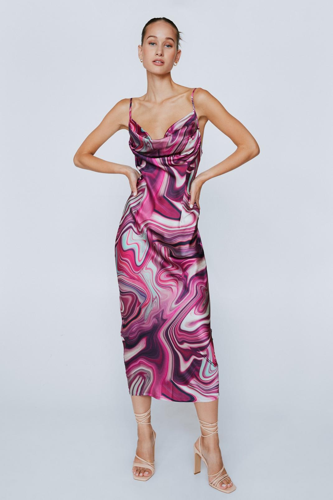 Purple Satin Marble Print Cowl Neck Slip Dress image number 1