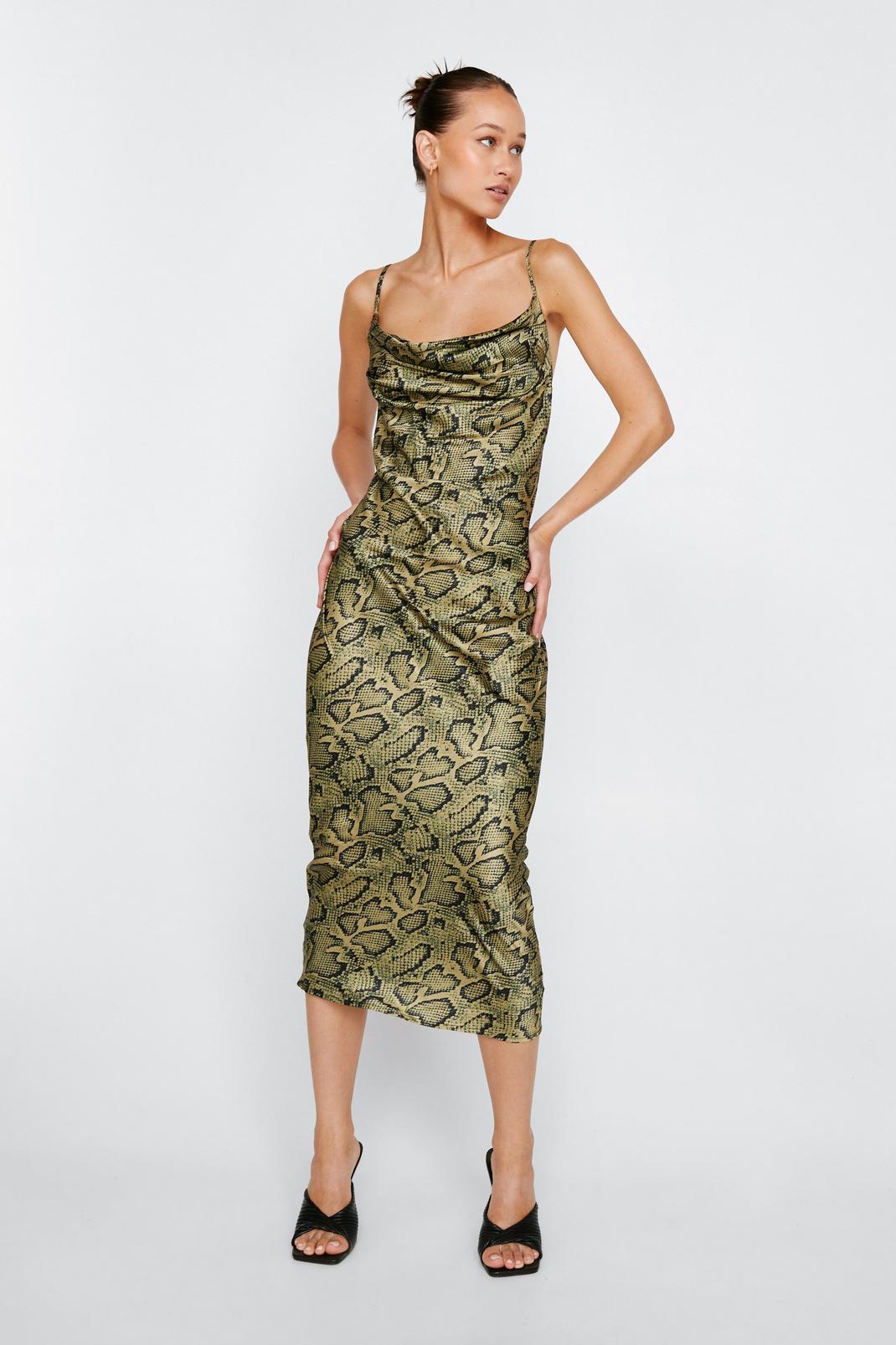 Chartreuse Satin Snake Print Cowl Neck Slip Dress image number 1