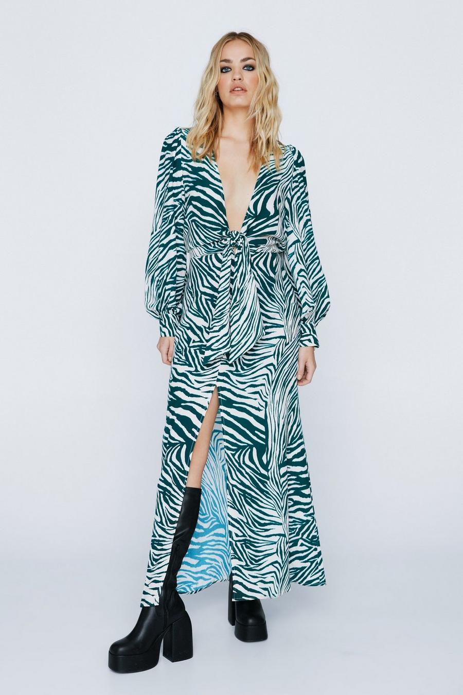 Zebra Print Knot Front Split Midi Dress