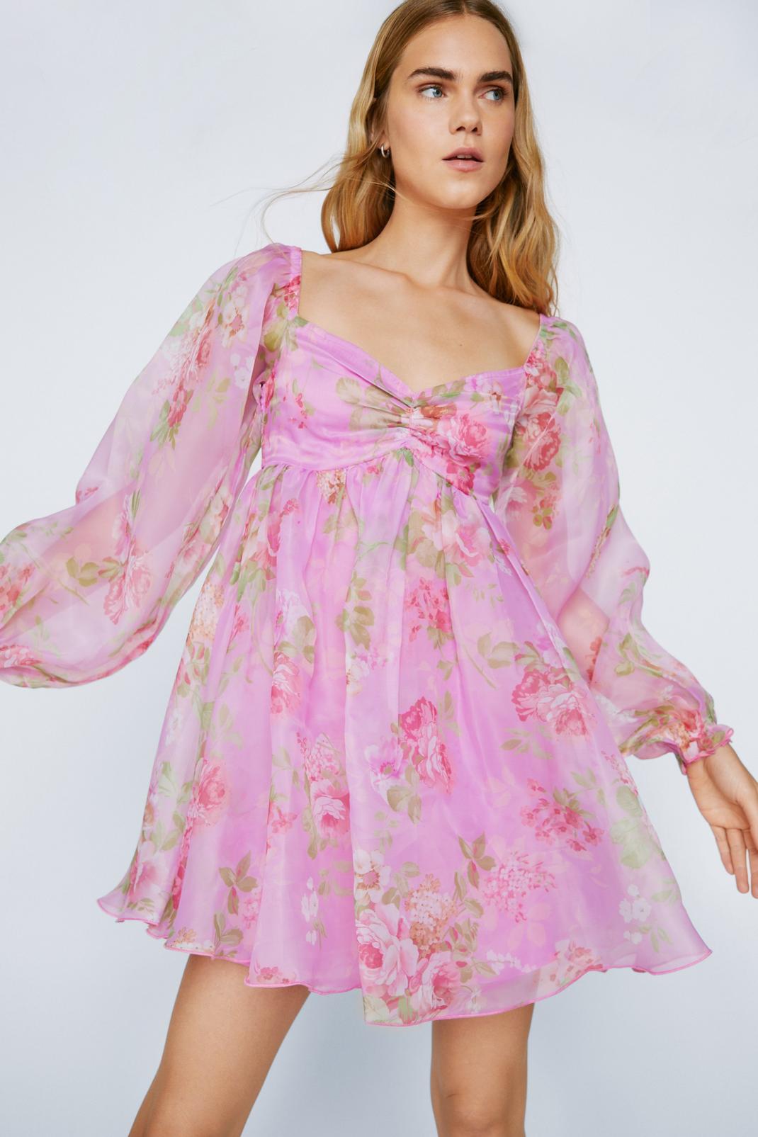 Mini robe patineuse fleurie col bardot, Lilac image number 1