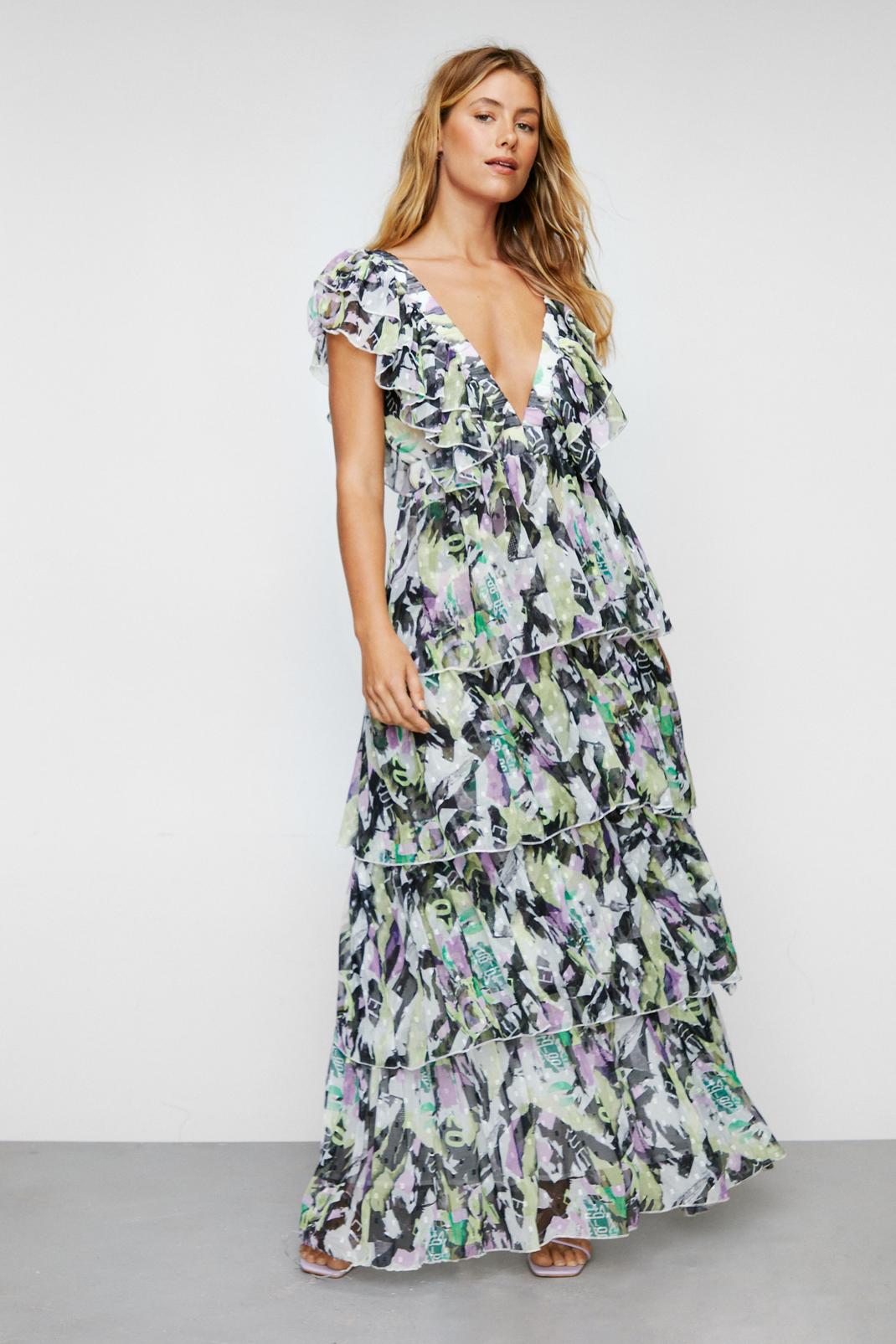 Purple Abstract Print Dobby Ruffle Maxi Dress image number 1