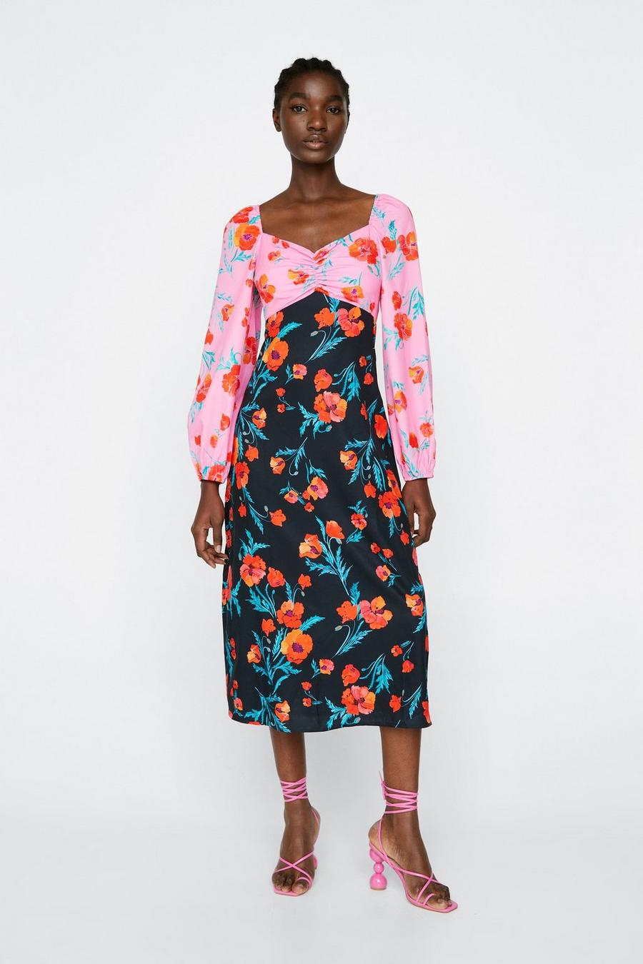 Mix Floral Print Long Sleeve Midi Dress
