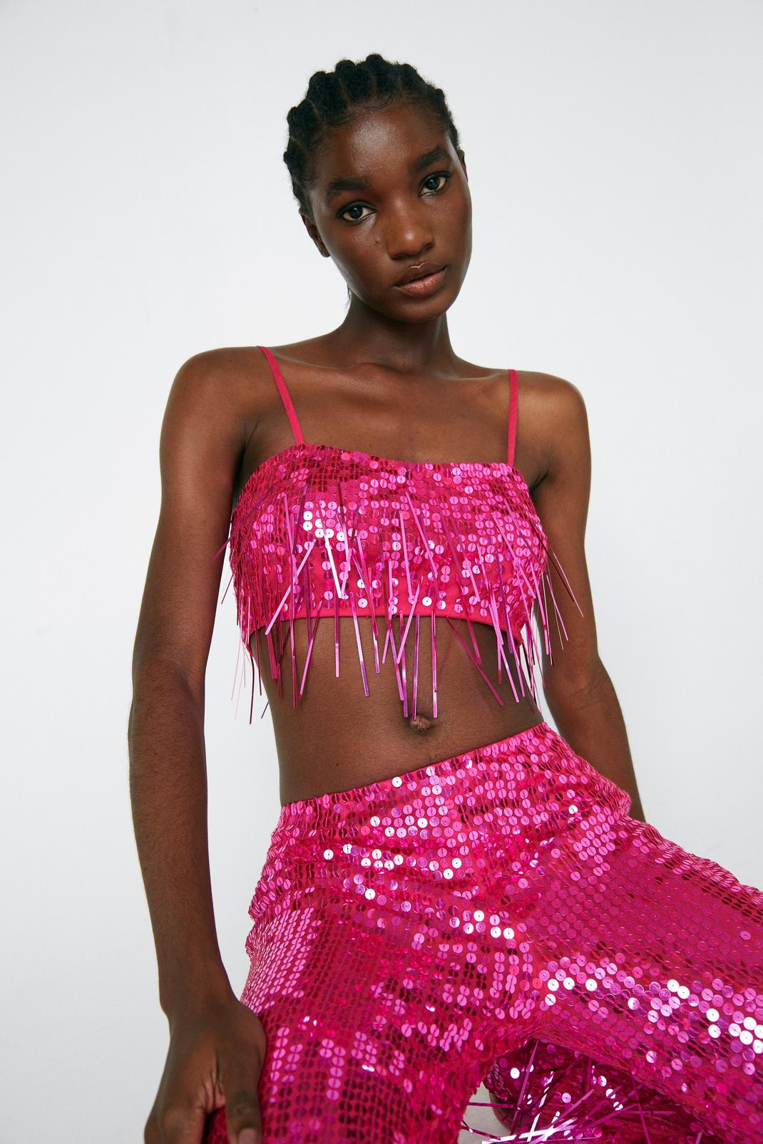Giselle Metallic Sequin Fringe Pu Crop Bra Top - Pink 